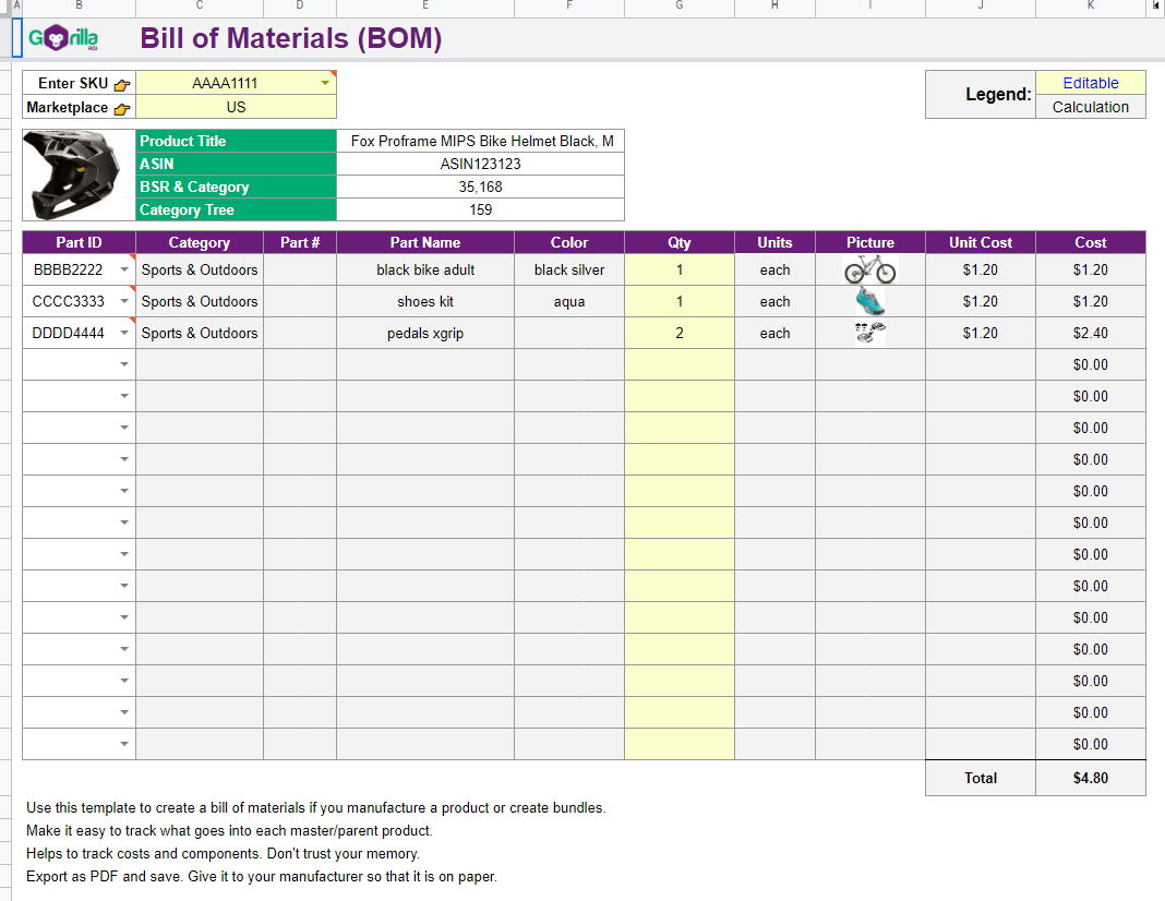 Free Bill Of Materials Template Spreadsheet To Negotiate And Track